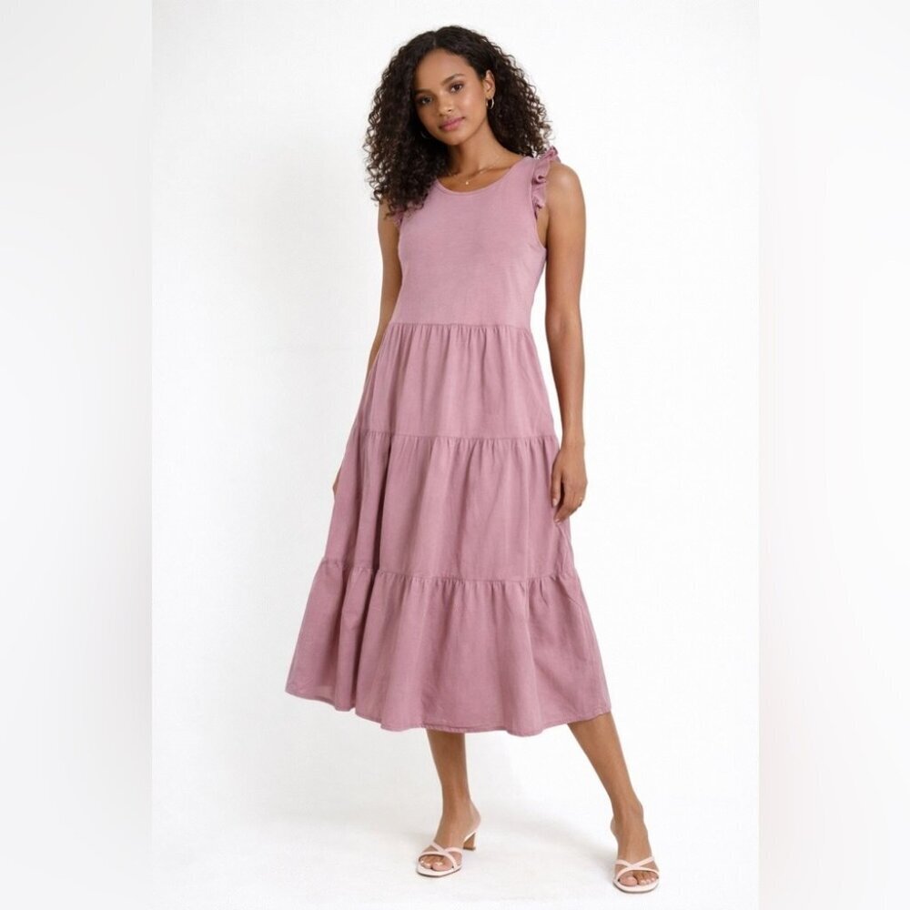 Nation Pink Mauve Tiered Midi Boho Dress Size XS Cotton Ruffle Sleeve Summer